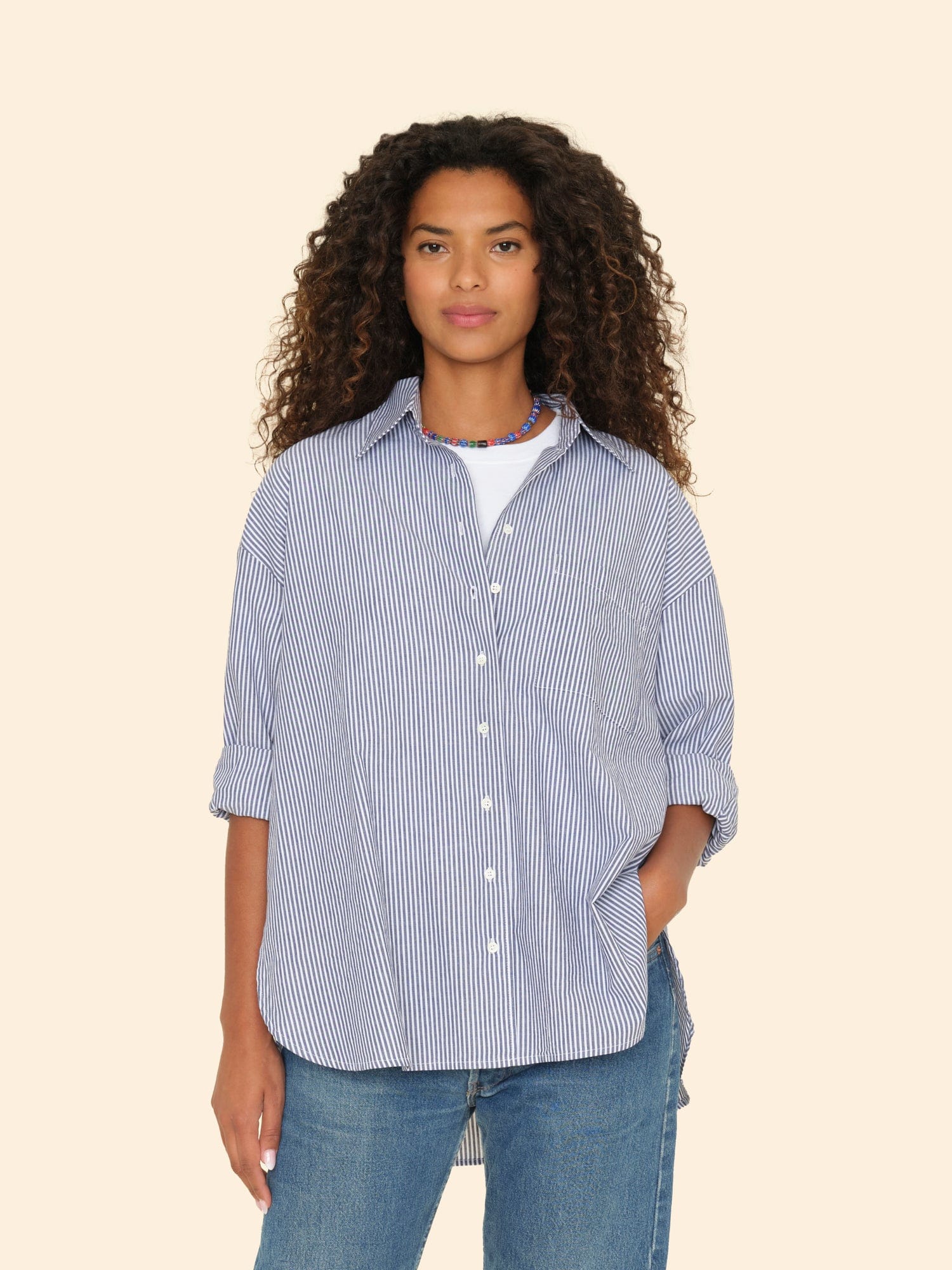 XIRENA fashion Button Down Shirt White/Blue Stri