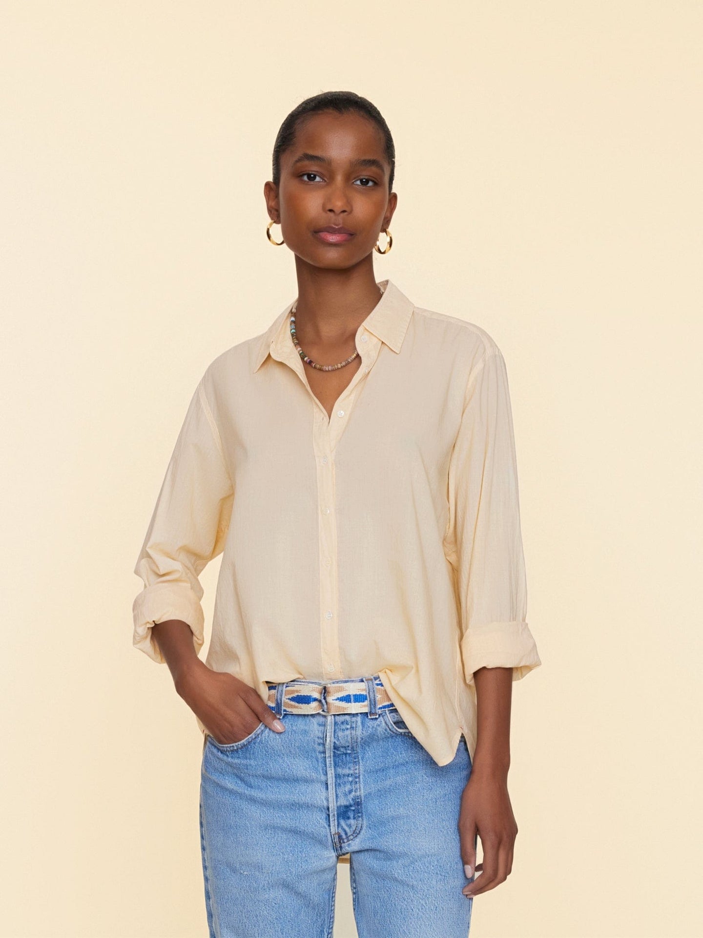 Button-Front Shirred Boho Blouse