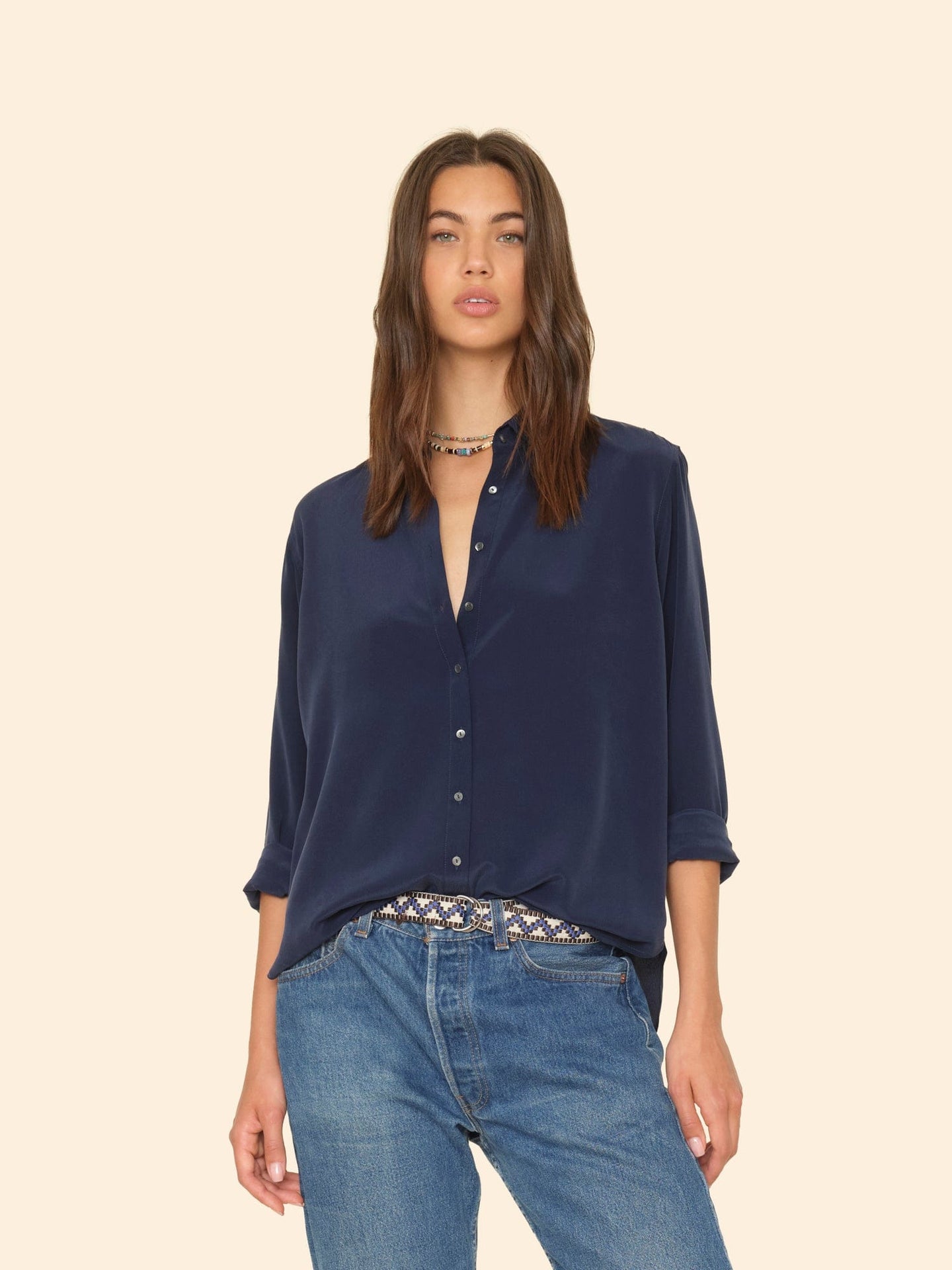 Xirena Shirt Navy Beau Silk Shirt