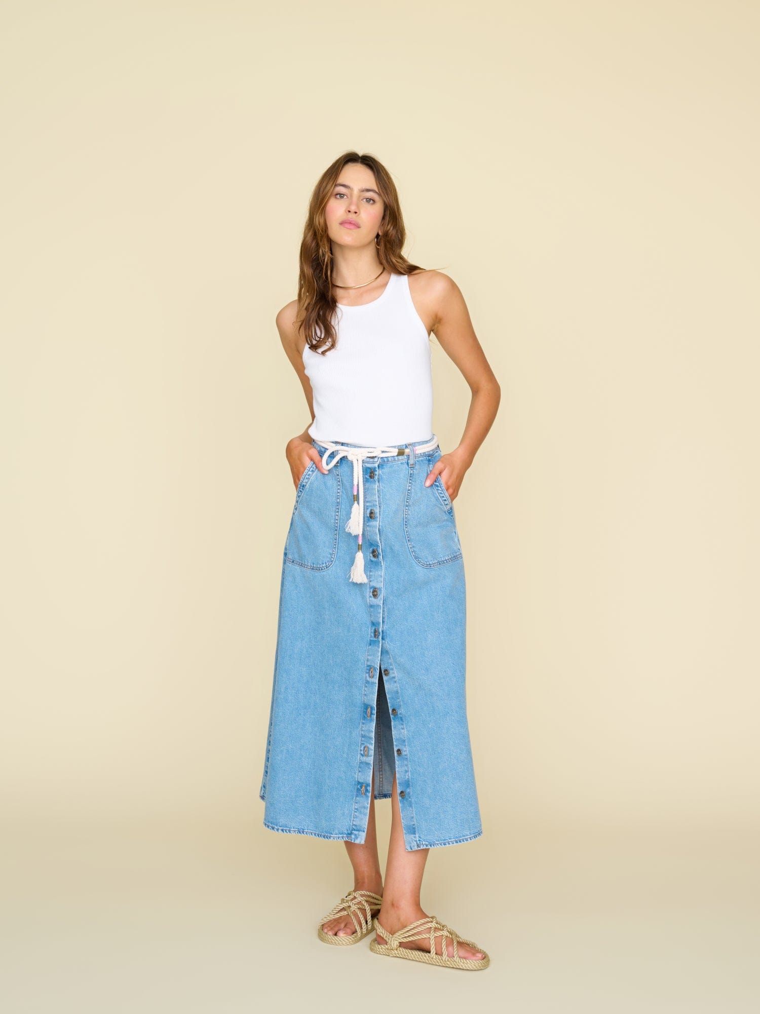 Mid length denim skirts cheap 70s