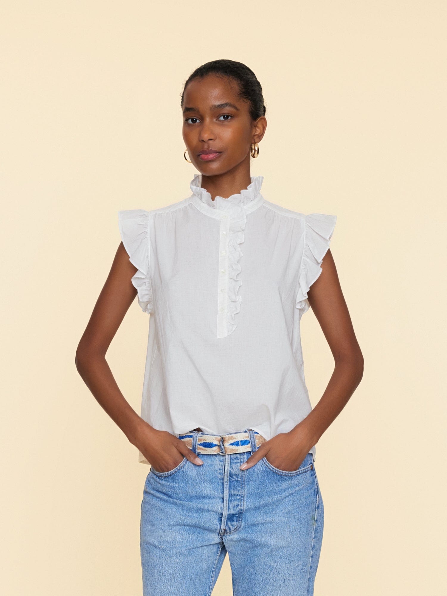 Xirena blueish white ruffle shirt M deals