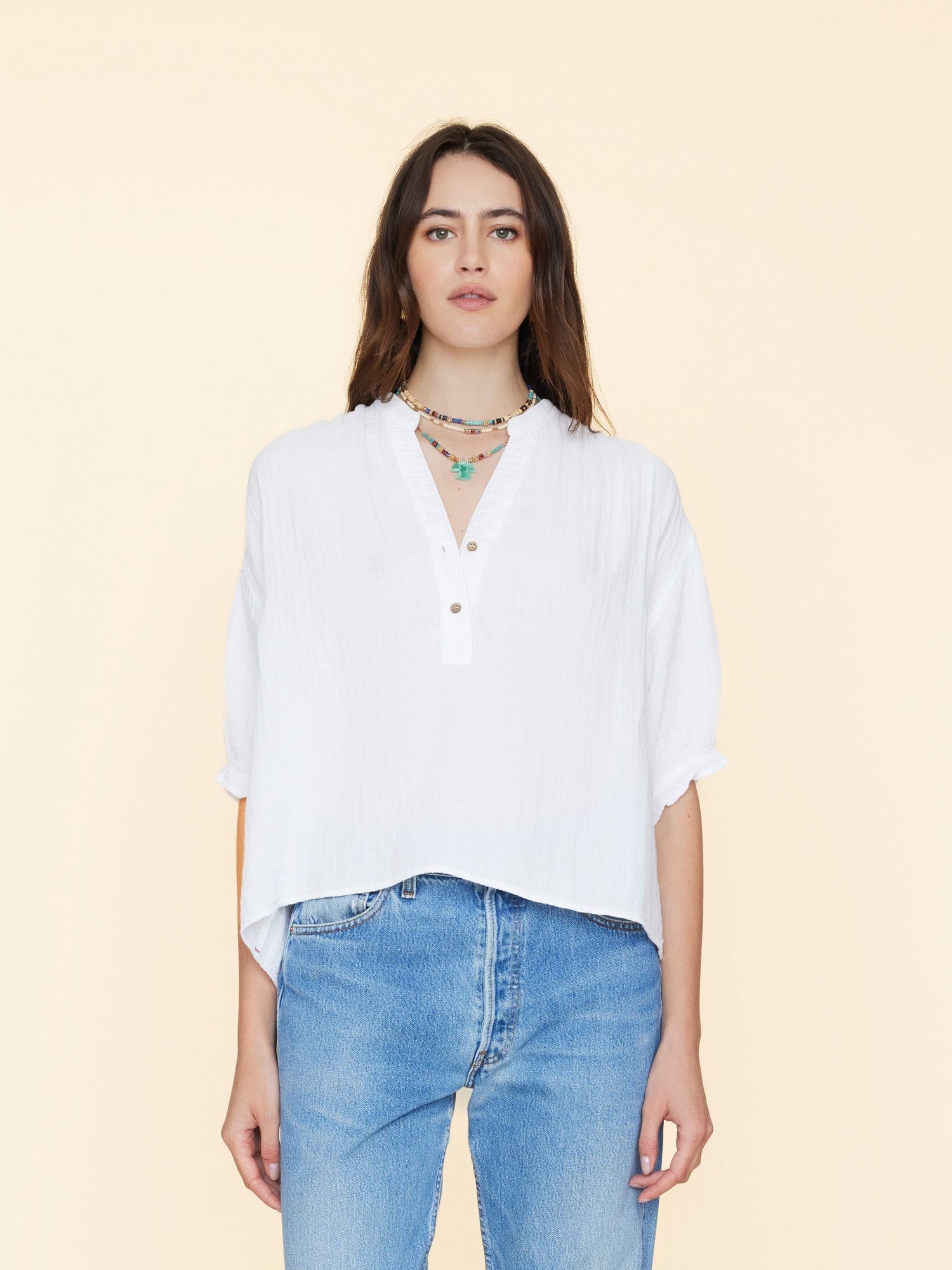 Xirena blueish white ruffle shirt M deals